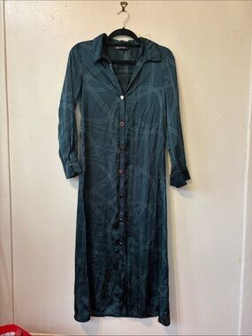 Zara Teal satin Plaid Long Button-Front Maxi Dress